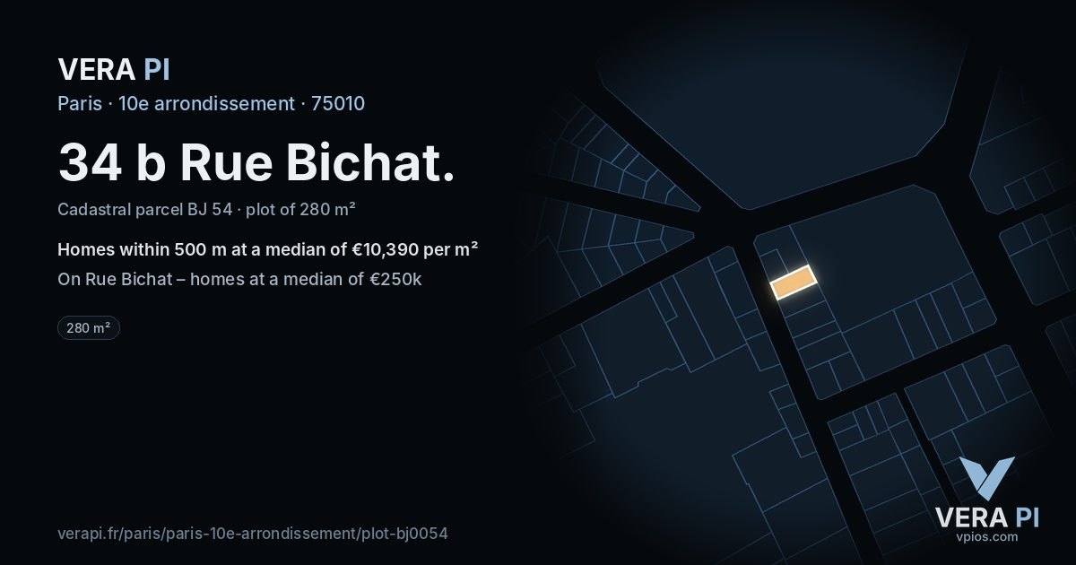 34 b Rue Bichat, 10e arrondissement at night – the plot lit, the parcels around coloured by the prices near them