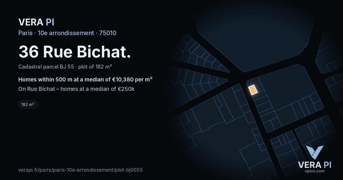 36 Rue Bichat, 10e arrondissement at night – the plot lit, the parcels around coloured by the prices near them