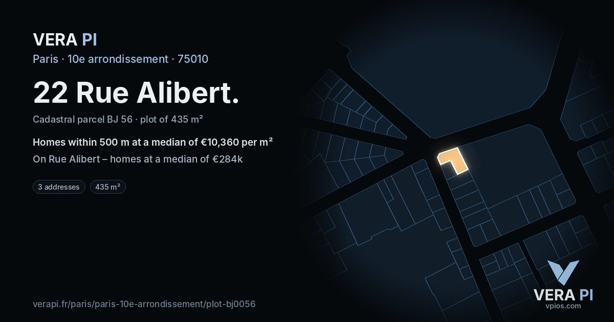 22 Rue Alibert, 10e arrondissement at night – the plot lit, the parcels around coloured by the prices near them