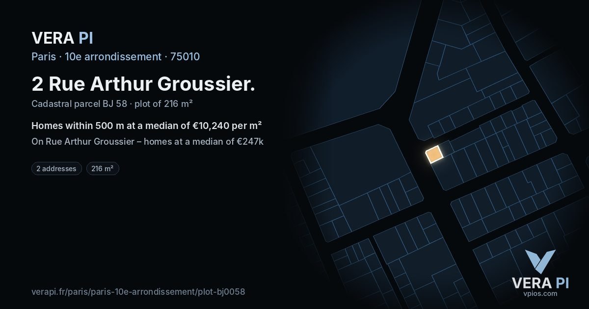 2 Rue Arthur Groussier, 10e arrondissement at night – the plot lit, the parcels around coloured by the prices near them