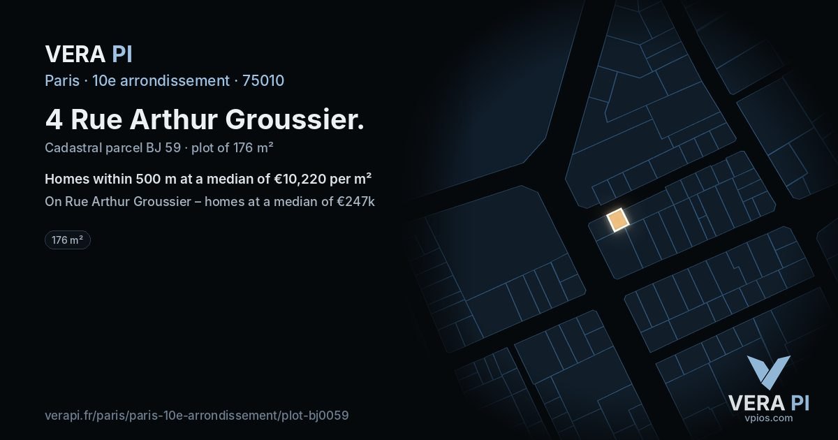 4 Rue Arthur Groussier, 10e arrondissement at night – the plot lit, the parcels around coloured by the prices near them