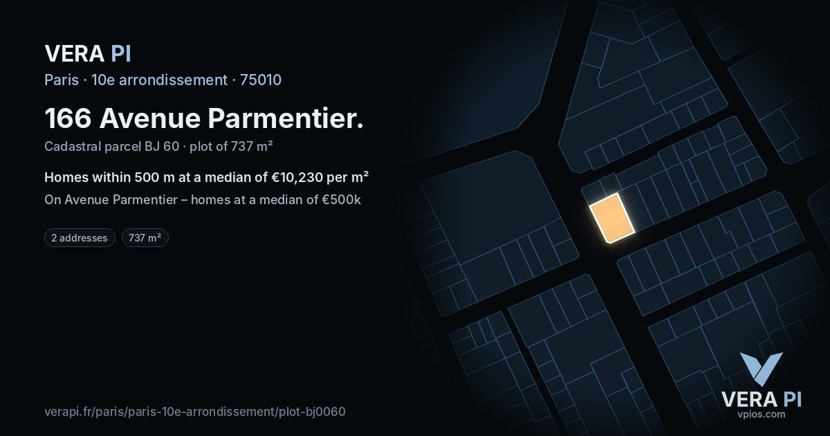 166 Avenue Parmentier, 10e arrondissement at night – the plot lit, the parcels around coloured by the prices near them