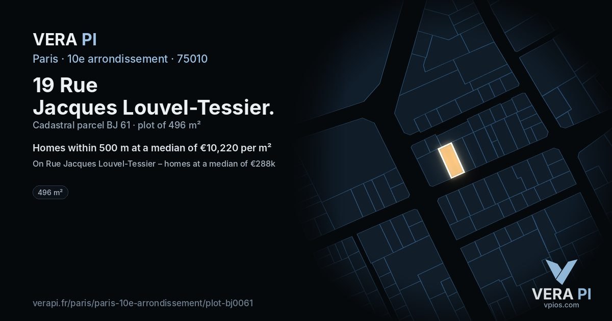19 Rue Jacques Louvel-Tessier, 10e arrondissement at night – the plot lit, the parcels around coloured by the prices near them