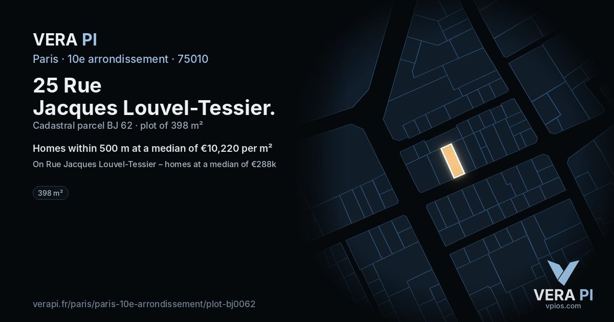 25 Rue Jacques Louvel-Tessier, 10e arrondissement at night – the plot lit, the parcels around coloured by the prices near them