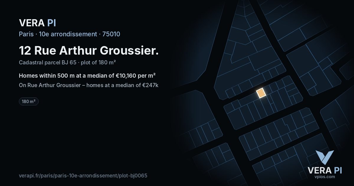 12 Rue Arthur Groussier, 10e arrondissement at night – the plot lit, the parcels around coloured by the prices near them