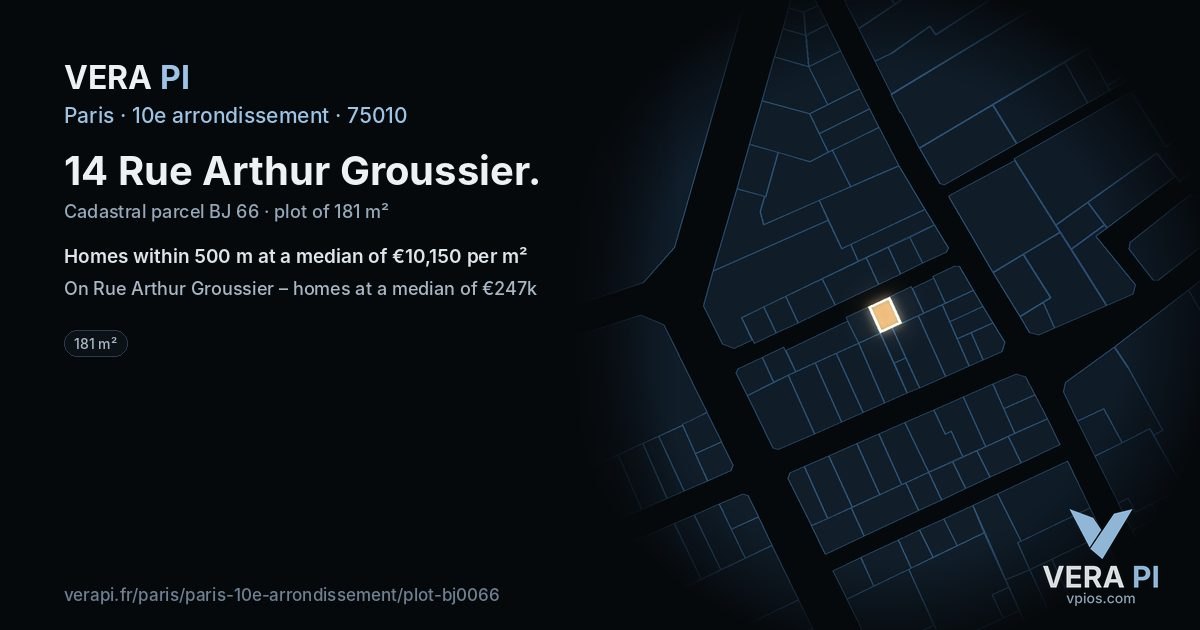 14 Rue Arthur Groussier, 10e arrondissement at night – the plot lit, the parcels around coloured by the prices near them