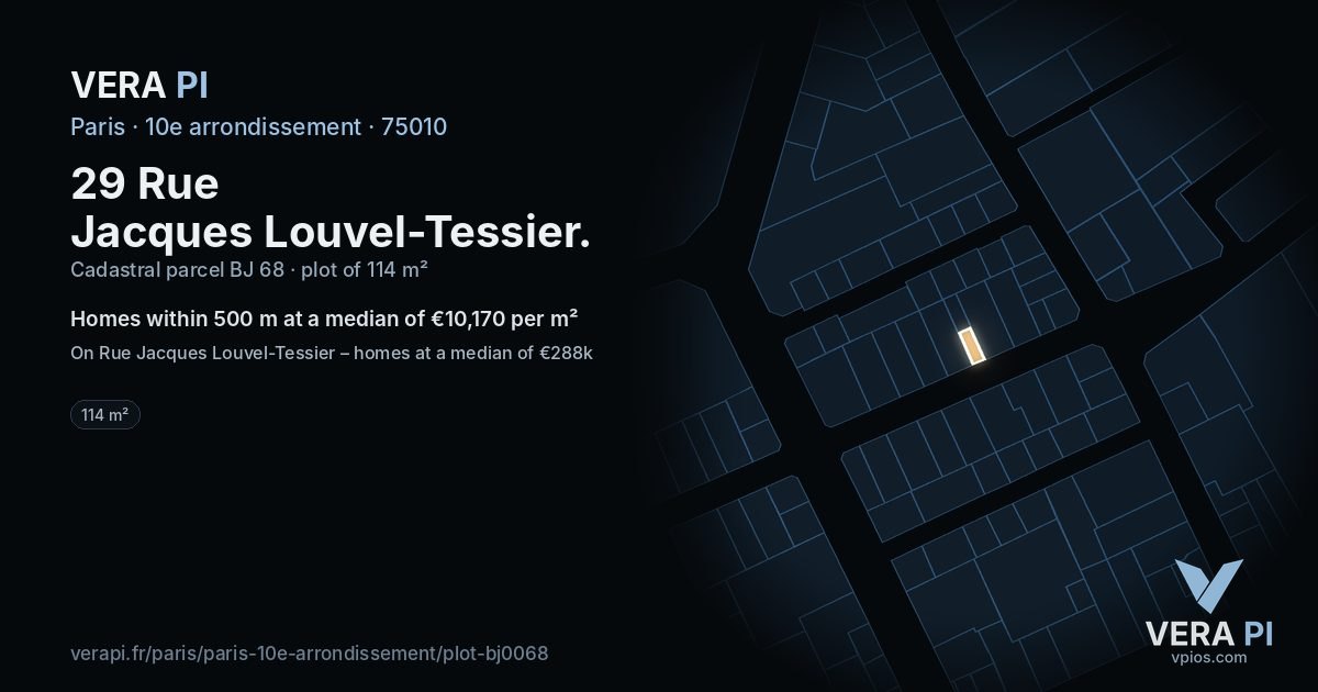 29 Rue Jacques Louvel-Tessier, 10e arrondissement at night – the plot lit, the parcels around coloured by the prices near them