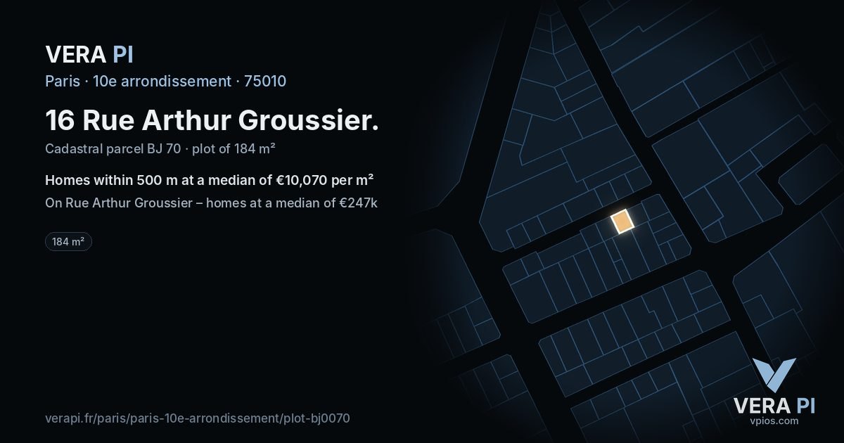 16 Rue Arthur Groussier, 10e arrondissement at night – the plot lit, the parcels around coloured by the prices near them