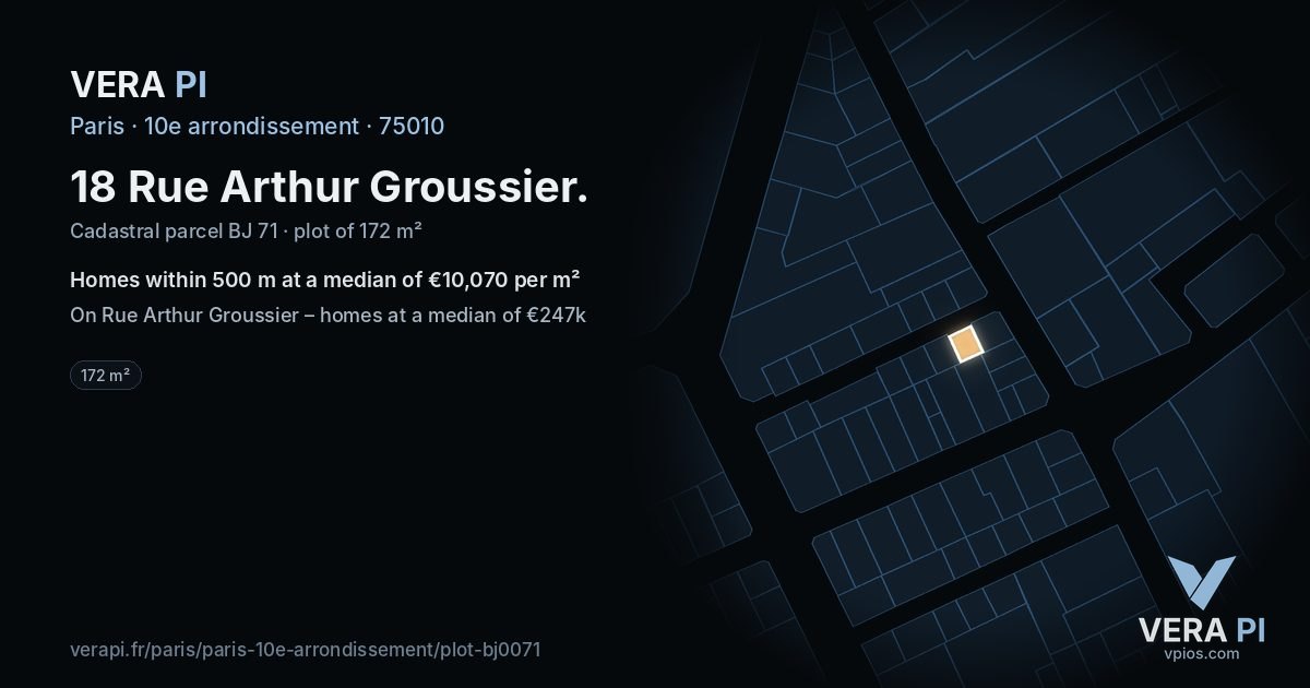 18 Rue Arthur Groussier, 10e arrondissement at night – the plot lit, the parcels around coloured by the prices near them