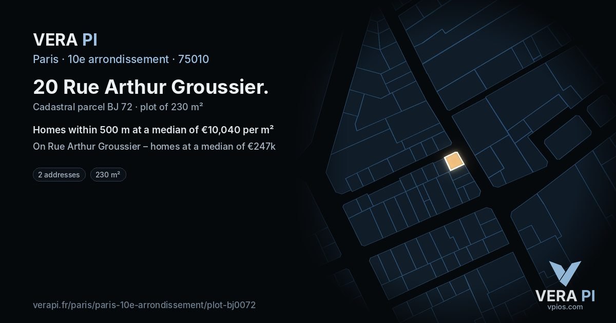 20 Rue Arthur Groussier, 10e arrondissement at night – the plot lit, the parcels around coloured by the prices near them