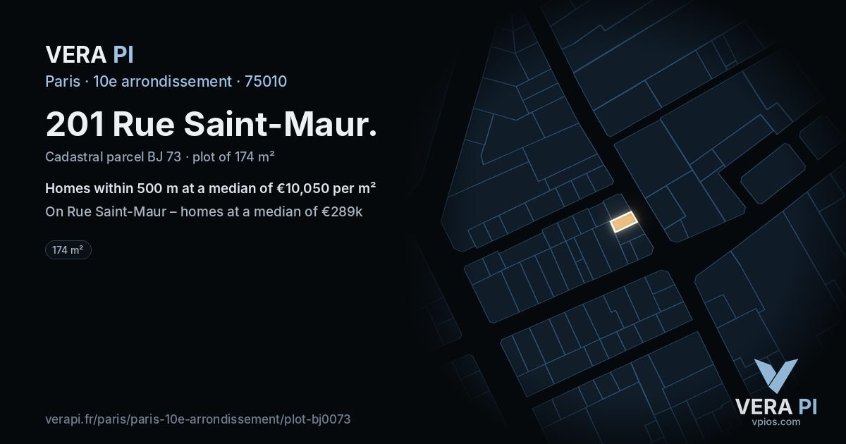 201 Rue Saint-Maur, 10e arrondissement at night – the plot lit, the parcels around coloured by the prices near them