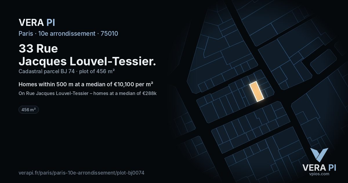 33 Rue Jacques Louvel-Tessier, 10e arrondissement at night – the plot lit, the parcels around coloured by the prices near them