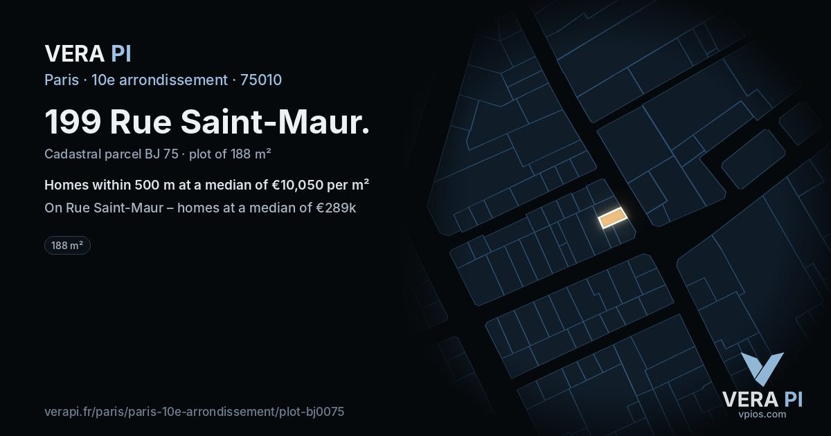 199 Rue Saint-Maur, 10e arrondissement at night – the plot lit, the parcels around coloured by the prices near them