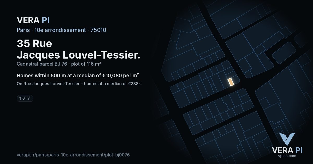 35 Rue Jacques Louvel-Tessier, 10e arrondissement at night – the plot lit, the parcels around coloured by the prices near them