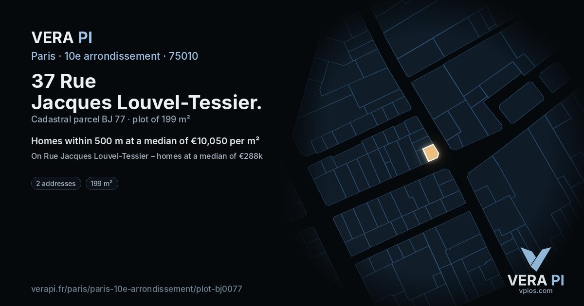 37 Rue Jacques Louvel-Tessier, 10e arrondissement at night – the plot lit, the parcels around coloured by the prices near them