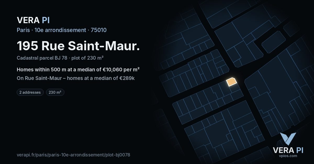 195 Rue Saint-Maur, 10e arrondissement at night – the plot lit, the parcels around coloured by the prices near them