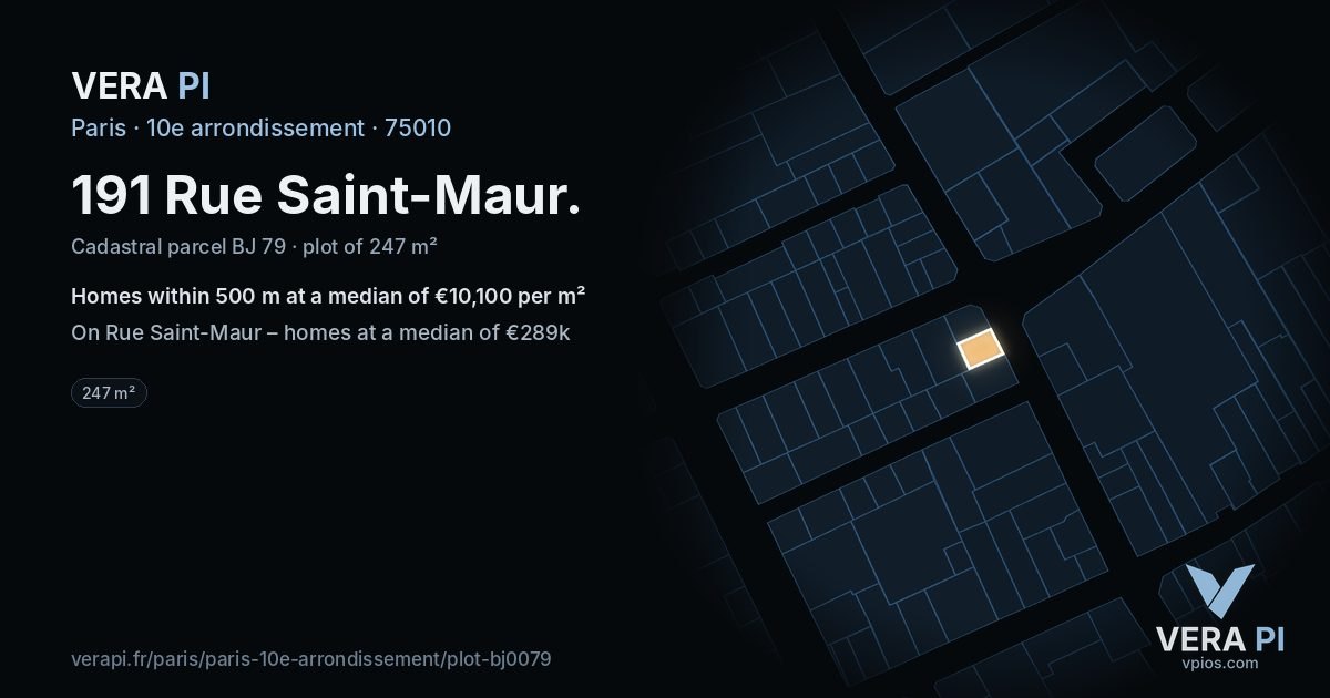 191 Rue Saint-Maur, 10e arrondissement at night – the plot lit, the parcels around coloured by the prices near them