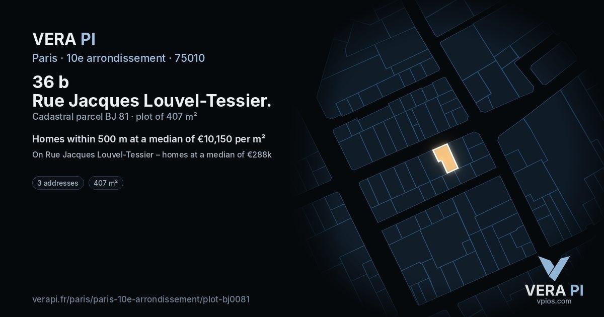 36 b Rue Jacques Louvel-Tessier, 10e arrondissement at night – the plot lit, the parcels around coloured by the prices near them