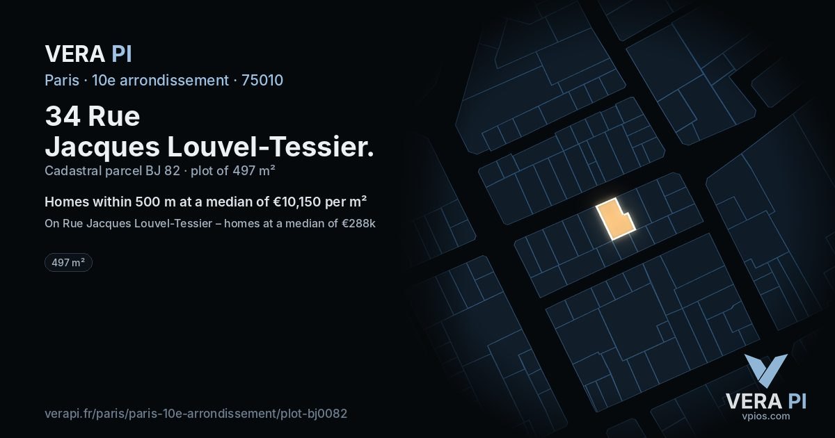 34 Rue Jacques Louvel-Tessier, 10e arrondissement at night – the plot lit, the parcels around coloured by the prices near them