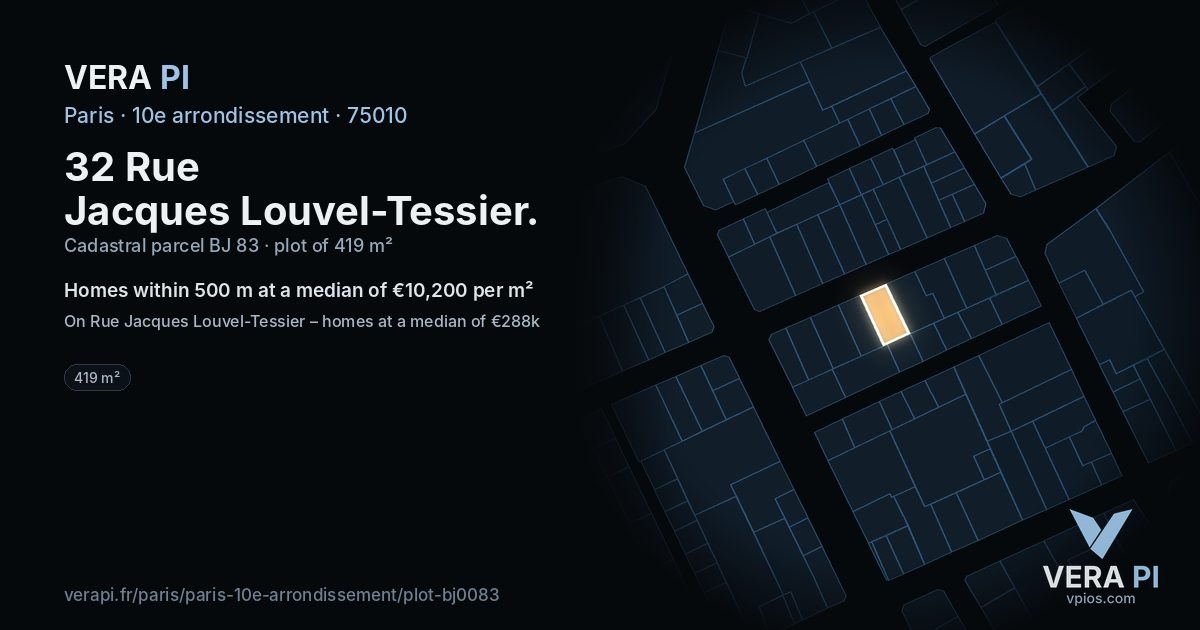 32 Rue Jacques Louvel-Tessier, 10e arrondissement at night – the plot lit, the parcels around coloured by the prices near them