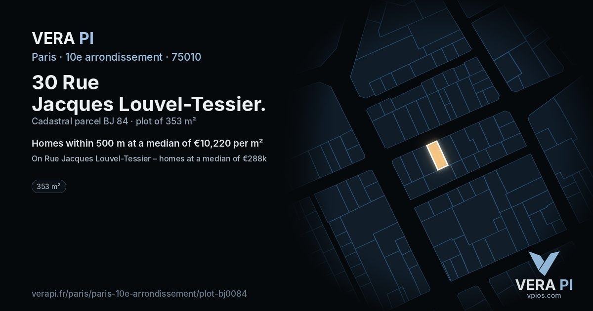 30 Rue Jacques Louvel-Tessier, 10e arrondissement at night – the plot lit, the parcels around coloured by the prices near them