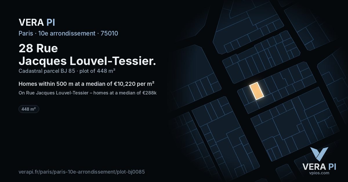 28 Rue Jacques Louvel-Tessier, 10e arrondissement at night – the plot lit, the parcels around coloured by the prices near them