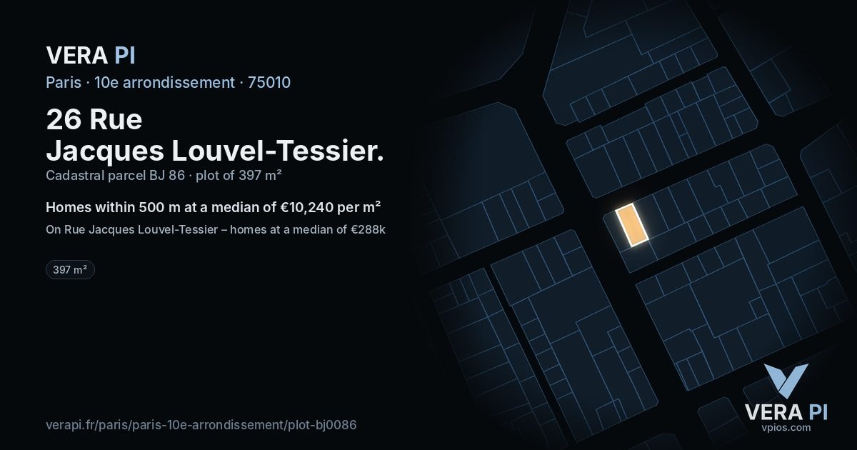 26 Rue Jacques Louvel-Tessier, 10e arrondissement at night – the plot lit, the parcels around coloured by the prices near them