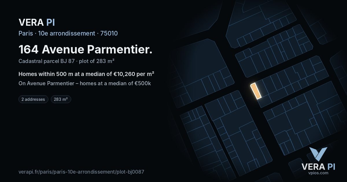 164 Avenue Parmentier, 10e arrondissement at night – the plot lit, the parcels around coloured by the prices near them