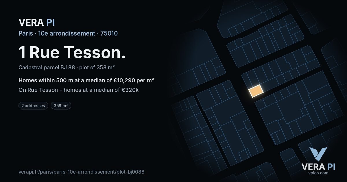 1 Rue Tesson, 10e arrondissement at night – the plot lit, the parcels around coloured by the prices near them