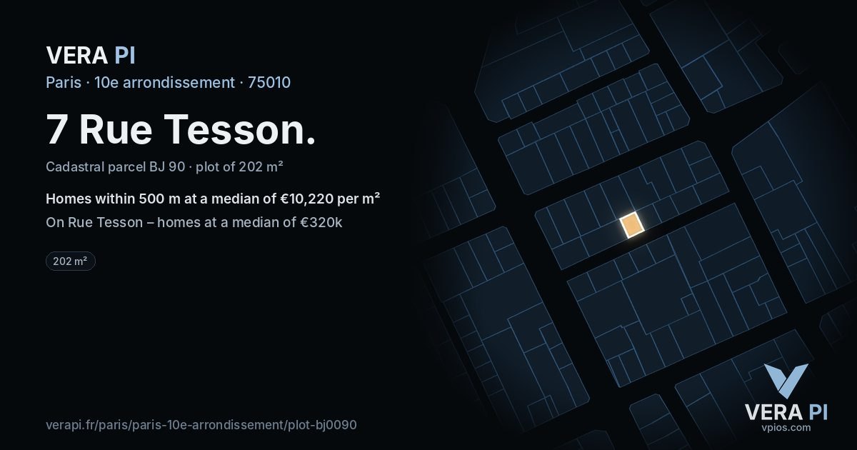 7 Rue Tesson, 10e arrondissement at night – the plot lit, the parcels around coloured by the prices near them