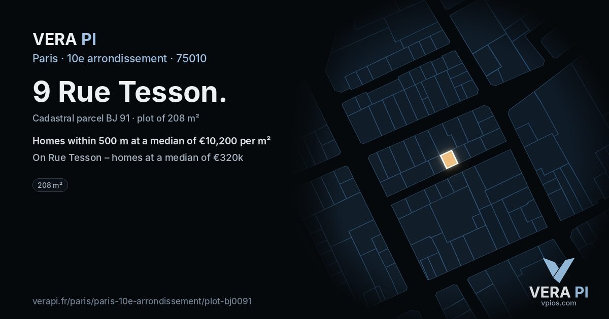 9 Rue Tesson, 10e arrondissement at night – the plot lit, the parcels around coloured by the prices near them