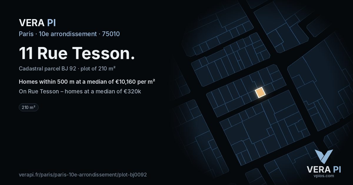 11 Rue Tesson, 10e arrondissement at night – the plot lit, the parcels around coloured by the prices near them