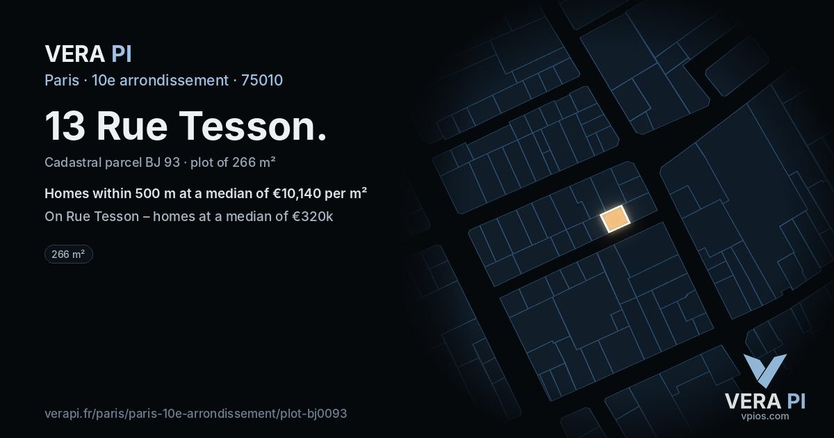 13 Rue Tesson, 10e arrondissement at night – the plot lit, the parcels around coloured by the prices near them