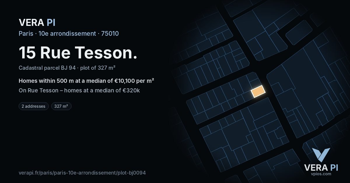 15 Rue Tesson, 10e arrondissement at night – the plot lit, the parcels around coloured by the prices near them