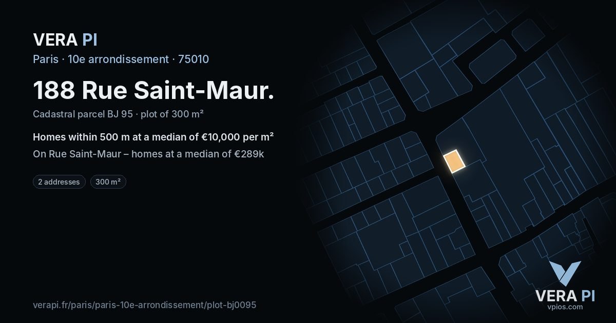 188 Rue Saint-Maur, 10e arrondissement at night – the plot lit, the parcels around coloured by the prices near them