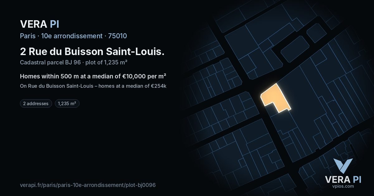 2 Rue du Buisson Saint-Louis, 10e arrondissement at night – the plot lit, the parcels around coloured by the prices near them