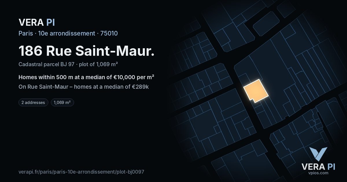 186 Rue Saint-Maur, 10e arrondissement at night – the plot lit, the parcels around coloured by the prices near them
