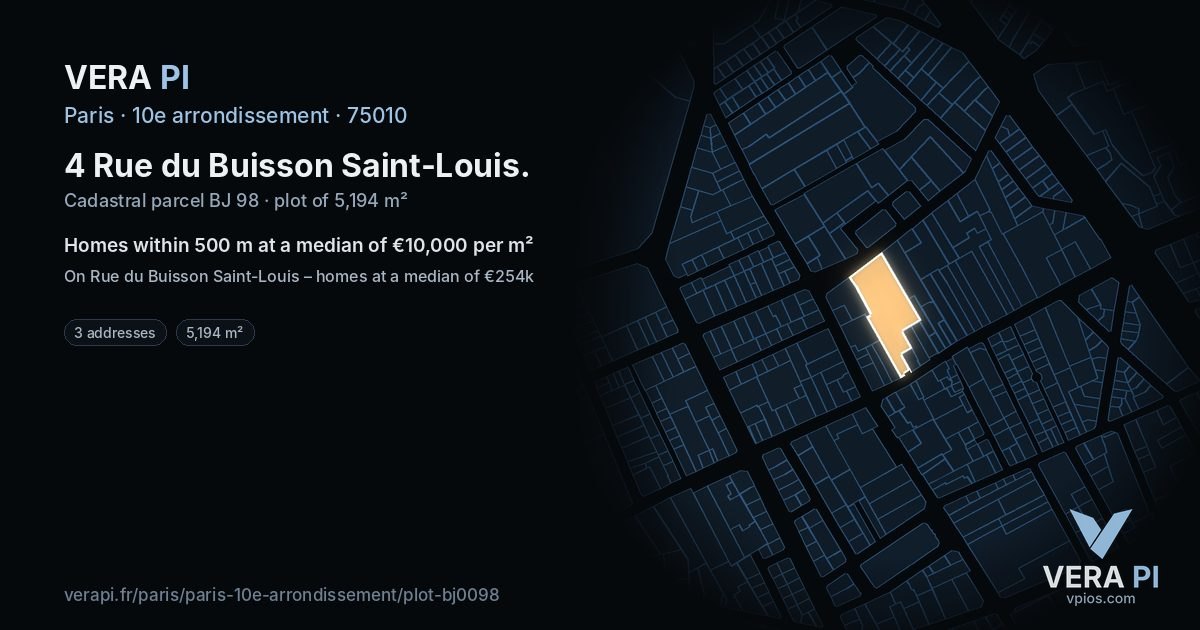 4 Rue du Buisson Saint-Louis, 10e arrondissement at night – the plot lit, the parcels around coloured by the prices near them