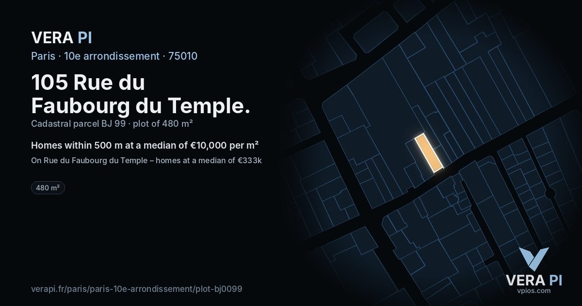 105 Rue du Faubourg du Temple, 10e arrondissement at night – the plot lit, the parcels around coloured by the prices near them
