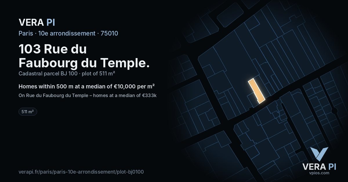 103 Rue du Faubourg du Temple, 10e arrondissement at night – the plot lit, the parcels around coloured by the prices near them