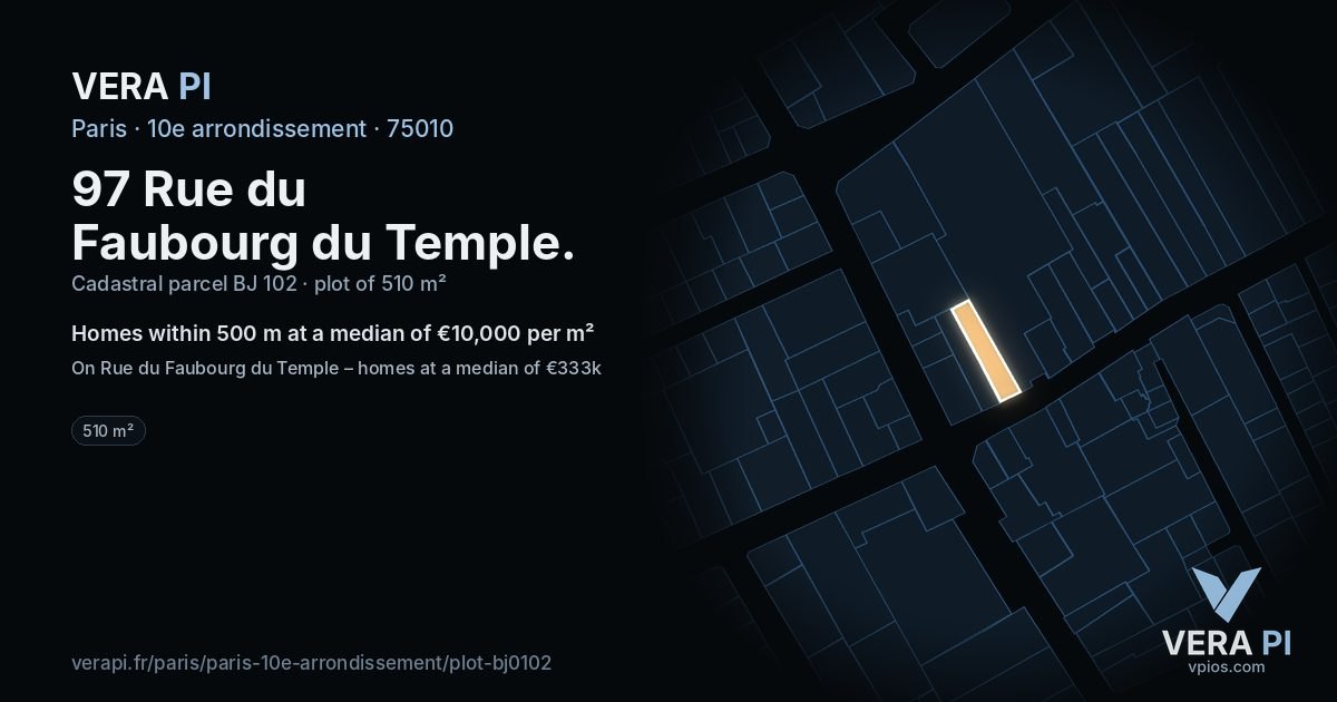 97 Rue du Faubourg du Temple, 10e arrondissement at night – the plot lit, the parcels around coloured by the prices near them