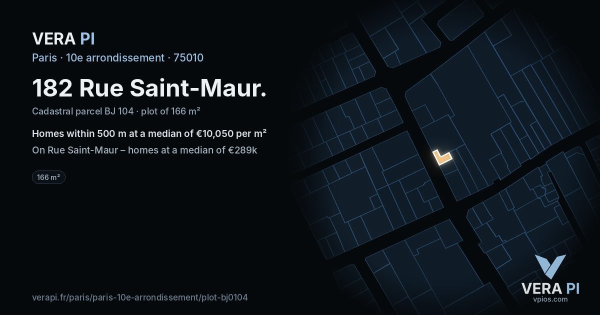 182 Rue Saint-Maur, 10e arrondissement at night – the plot lit, the parcels around coloured by the prices near them