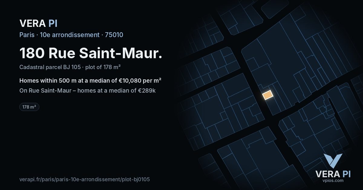 180 Rue Saint-Maur, 10e arrondissement at night – the plot lit, the parcels around coloured by the prices near them