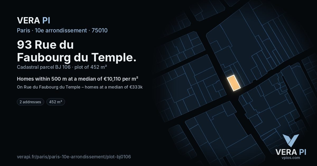 93 Rue du Faubourg du Temple, 10e arrondissement at night – the plot lit, the parcels around coloured by the prices near them