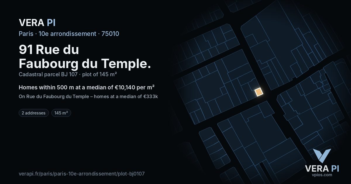 91 Rue du Faubourg du Temple, 10e arrondissement at night – the plot lit, the parcels around coloured by the prices near them