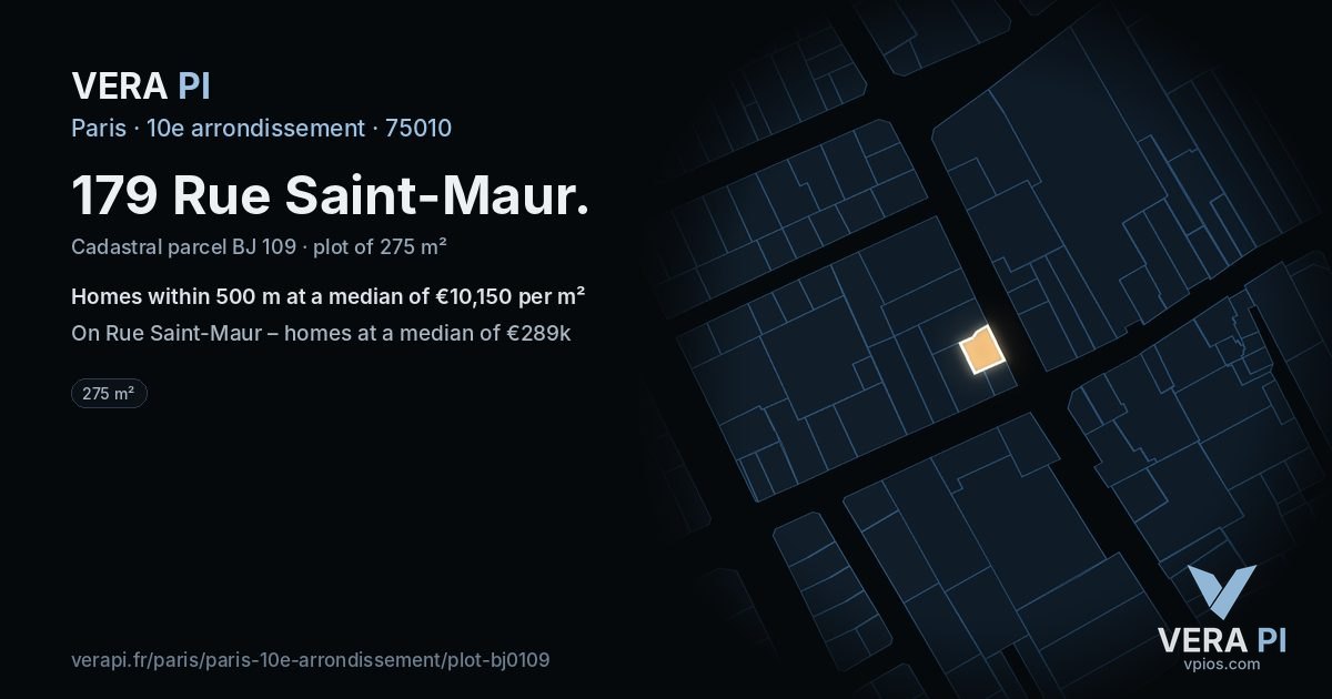 179 Rue Saint-Maur, 10e arrondissement at night – the plot lit, the parcels around coloured by the prices near them