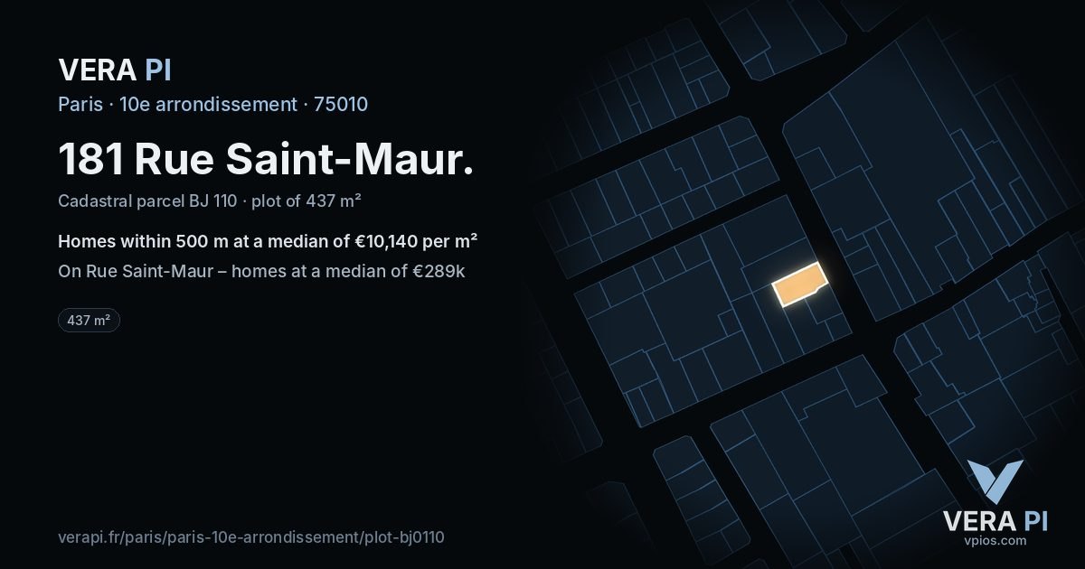 181 Rue Saint-Maur, 10e arrondissement at night – the plot lit, the parcels around coloured by the prices near them