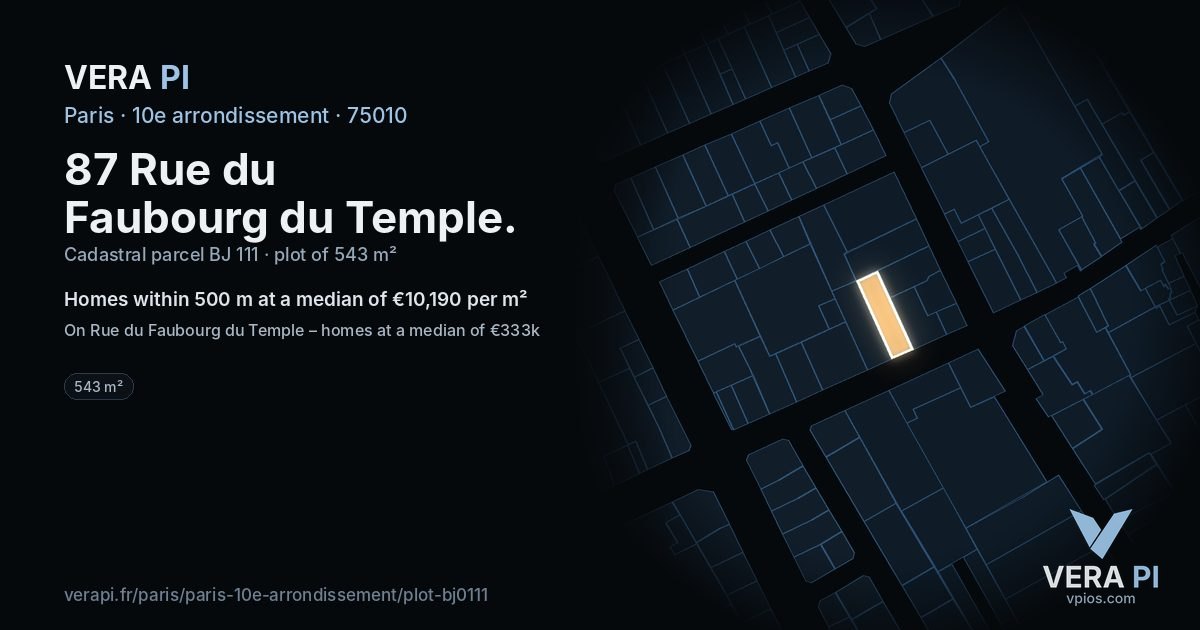 87 Rue du Faubourg du Temple, 10e arrondissement at night – the plot lit, the parcels around coloured by the prices near them