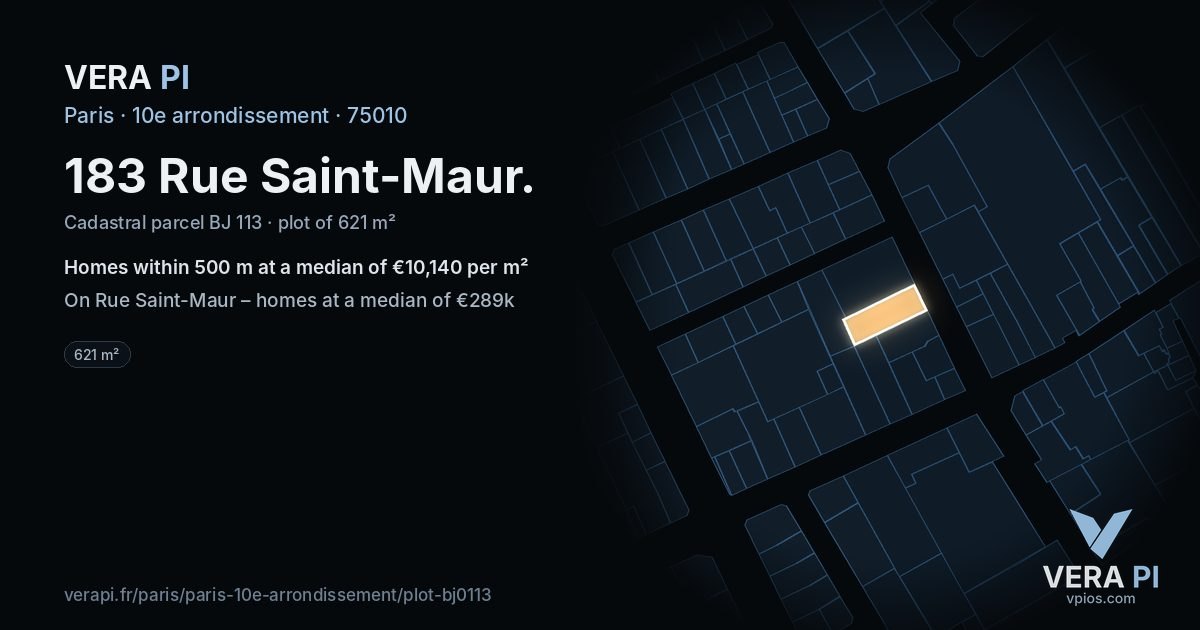 183 Rue Saint-Maur, 10e arrondissement at night – the plot lit, the parcels around coloured by the prices near them