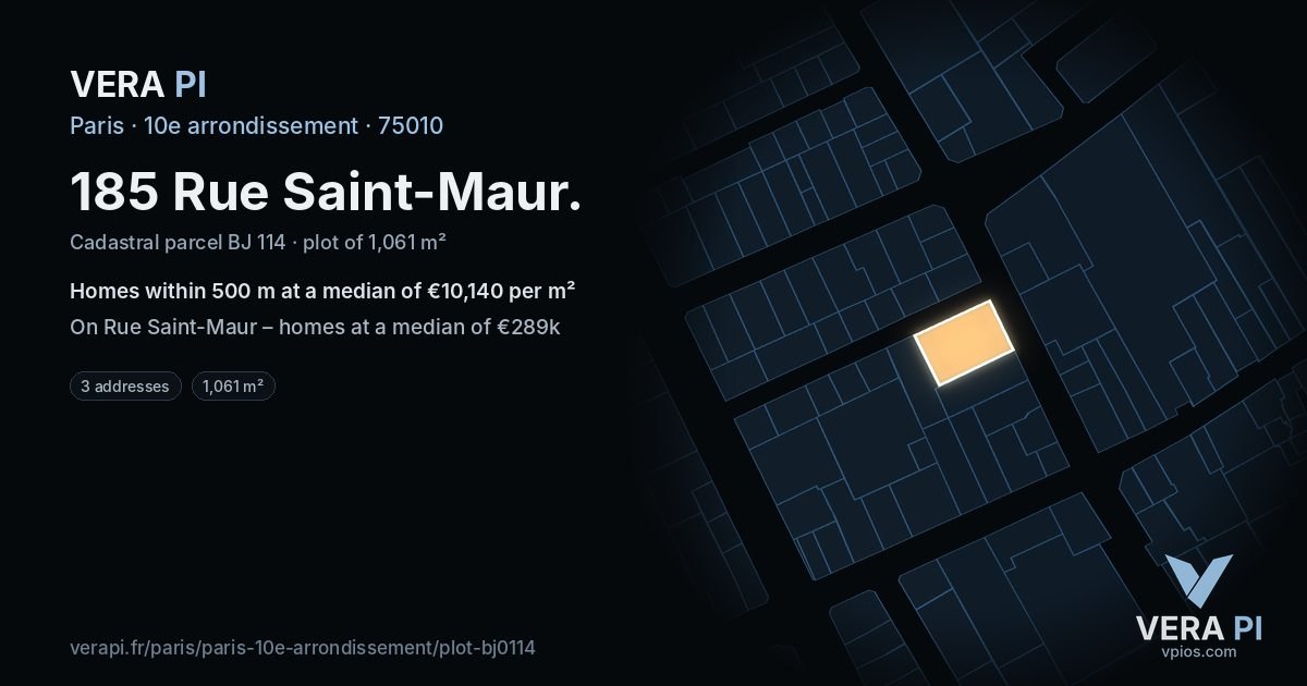 185 Rue Saint-Maur, 10e arrondissement at night – the plot lit, the parcels around coloured by the prices near them